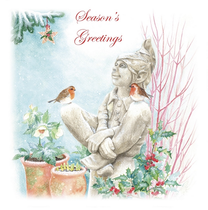Garden Elf with Robins and Christmas Star. Christmas Card by Irina Stetsenko